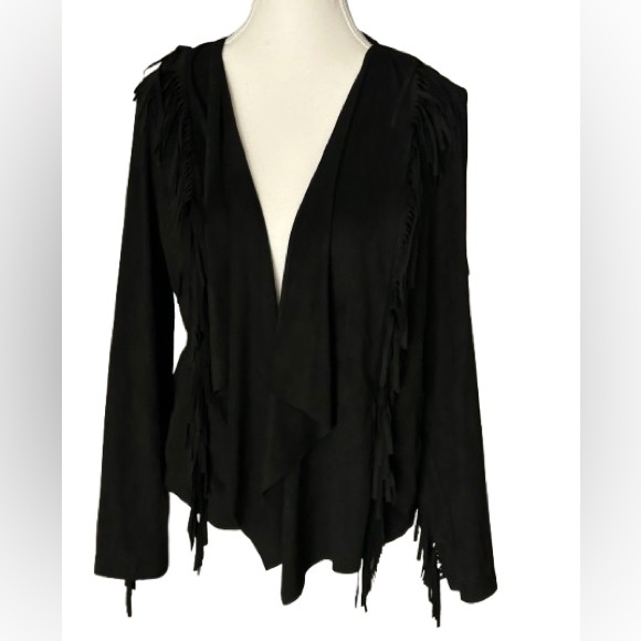 Fringe Open Cardigan COLLEEN LOPEZ Small Black Jacket Western Cowgirl Southwest - Picture 1 of 8